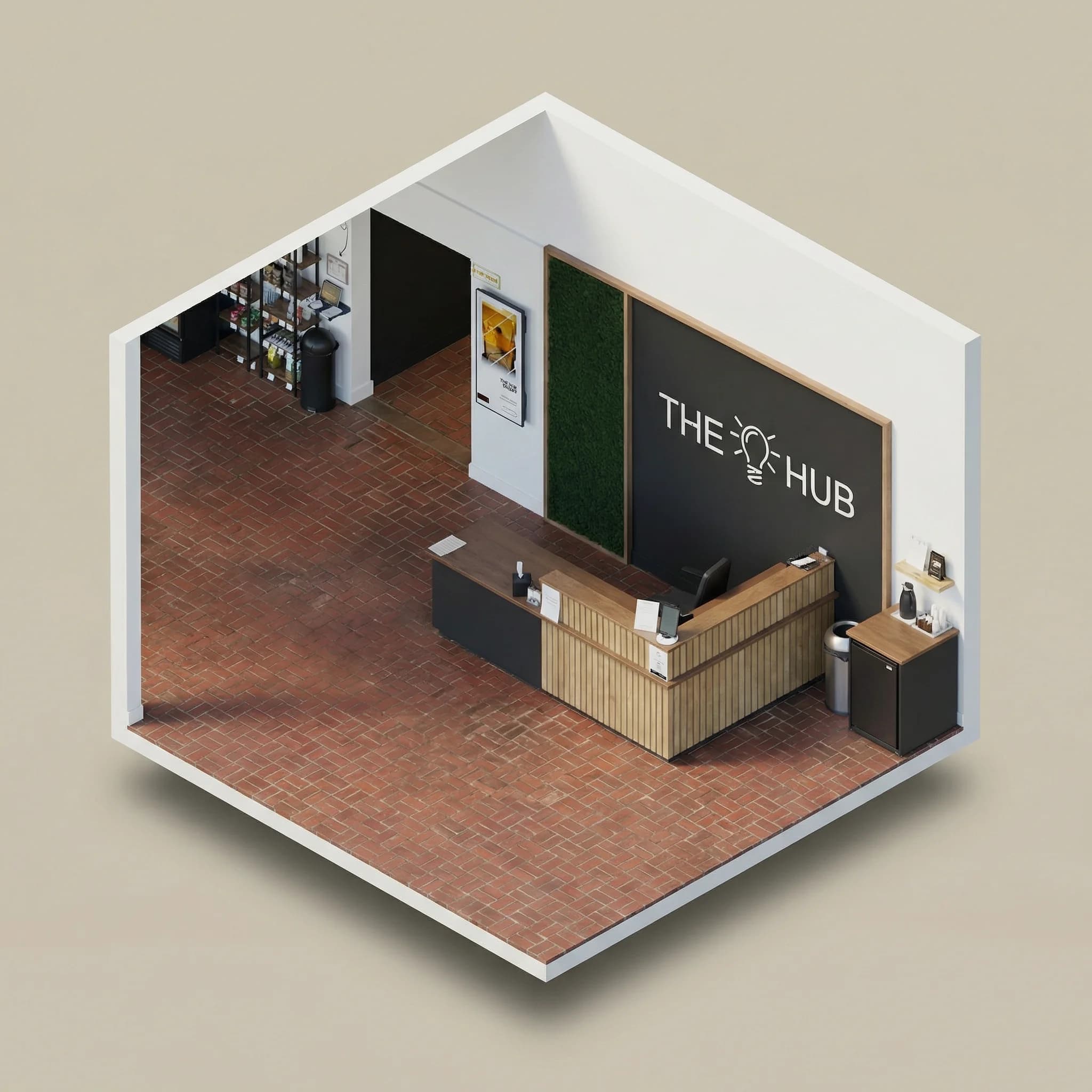 Front desk and lobby isometric view